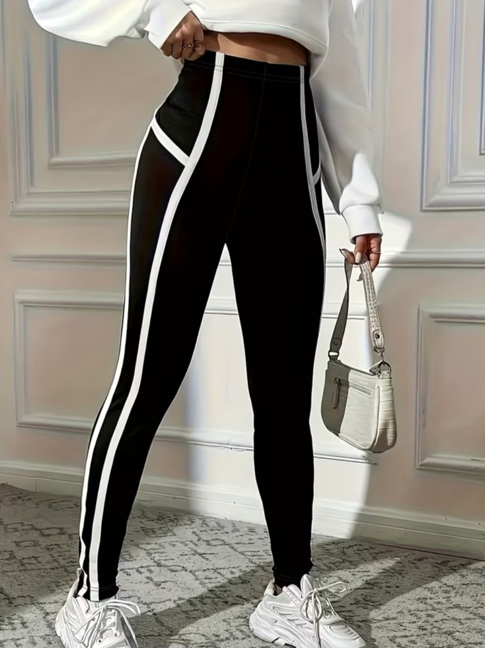 High-Waist Black Leggings with White Side Stripe